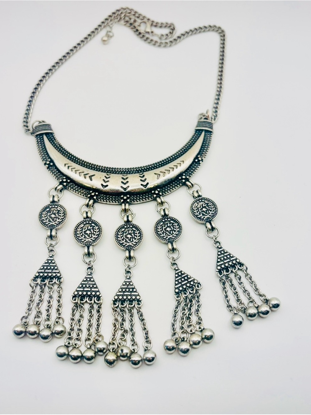 Boho Tribal Silver Crescent Moon Statement Necklace with Tassel Charms